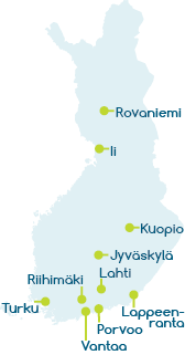 Karta över pilotkommunerna: Ijo, Jyväskylä, Kuopio, Lahtis, Villmanstrand, Borgå, Riihimäki, Rovaniemi, Åbo och Vanda.